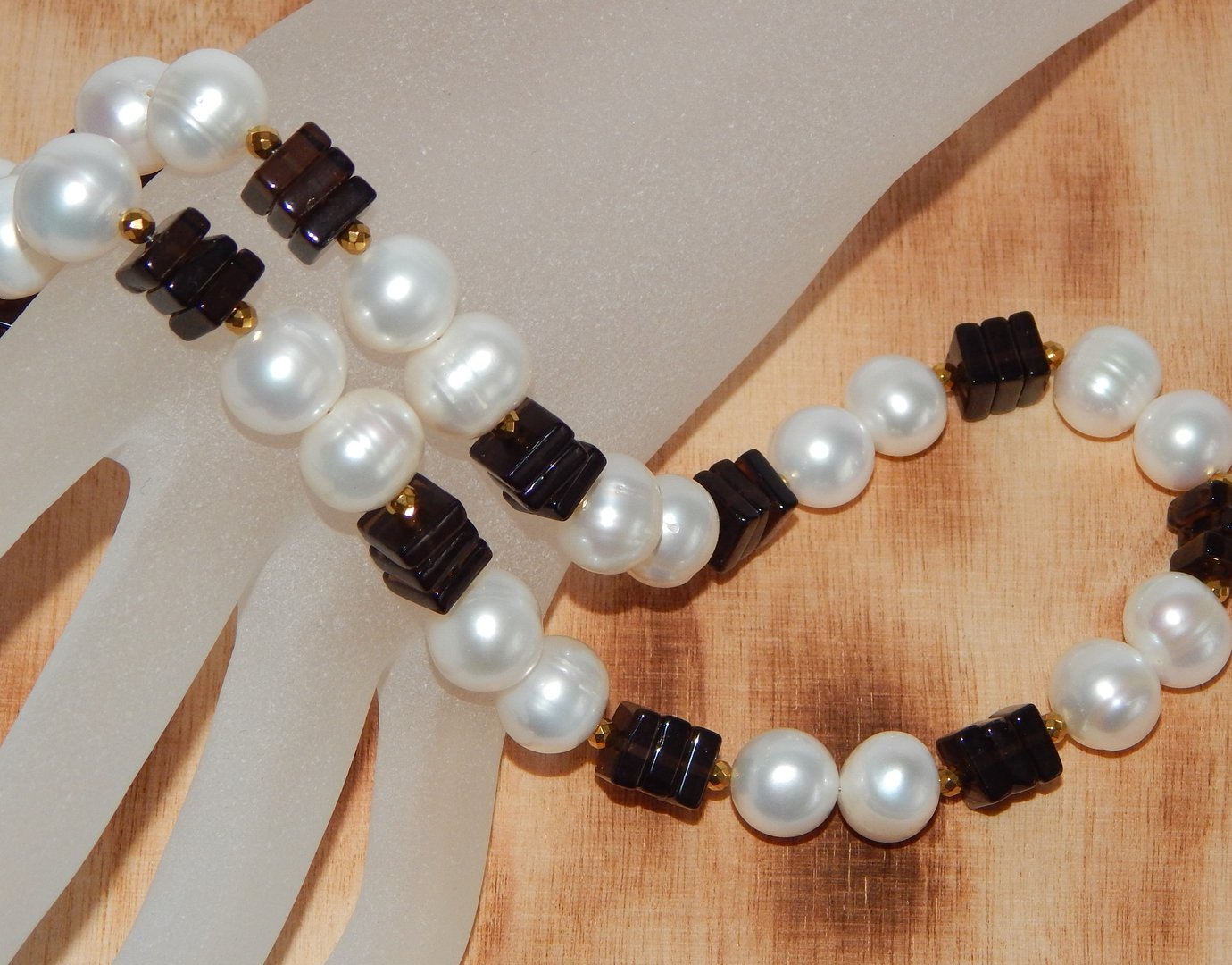Perlenkette weiß ca.11mm AA+ mit Rauchquarz 