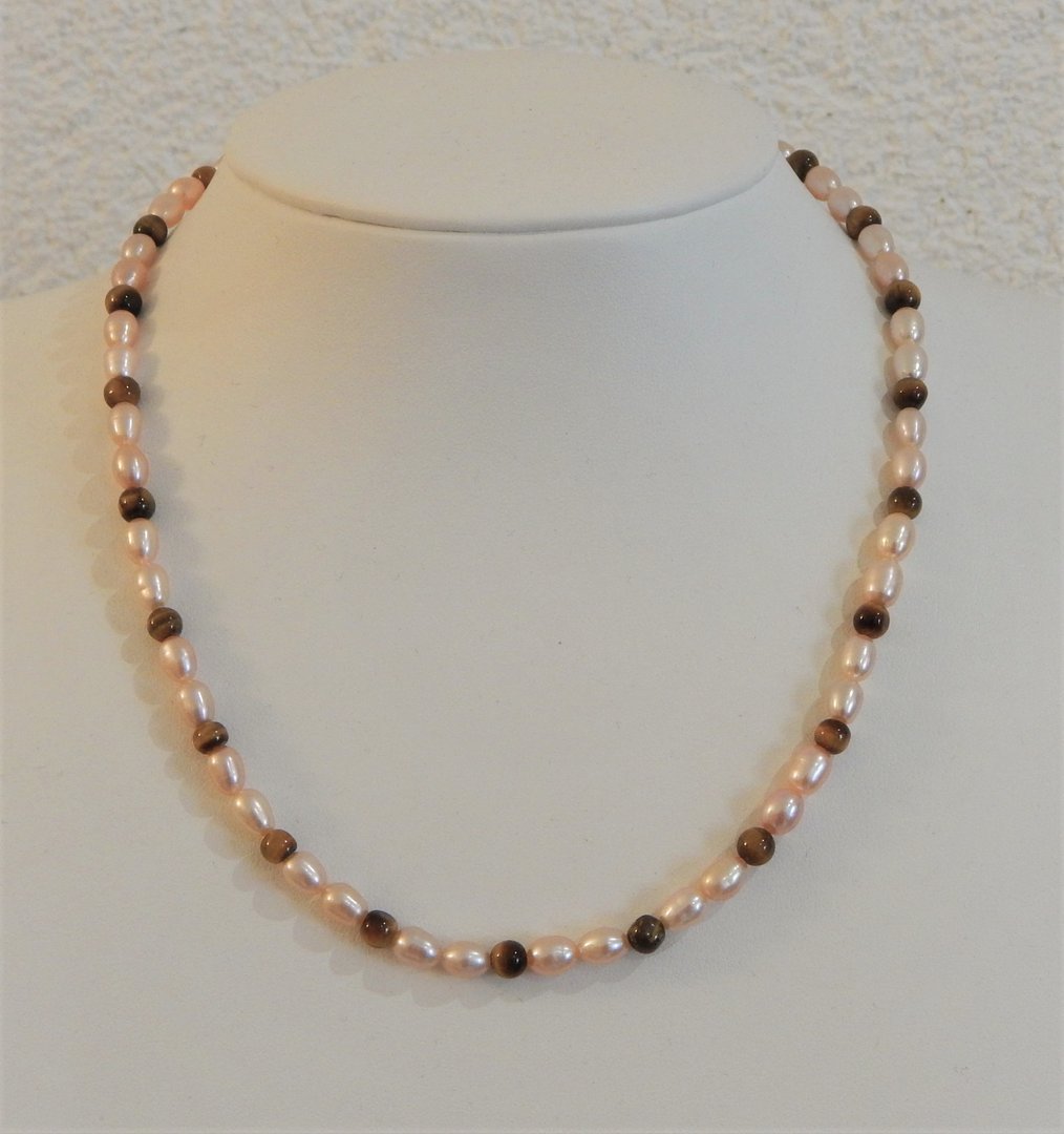 Perlenkette rose ca. 7x5mm mit Tigerauge AA+