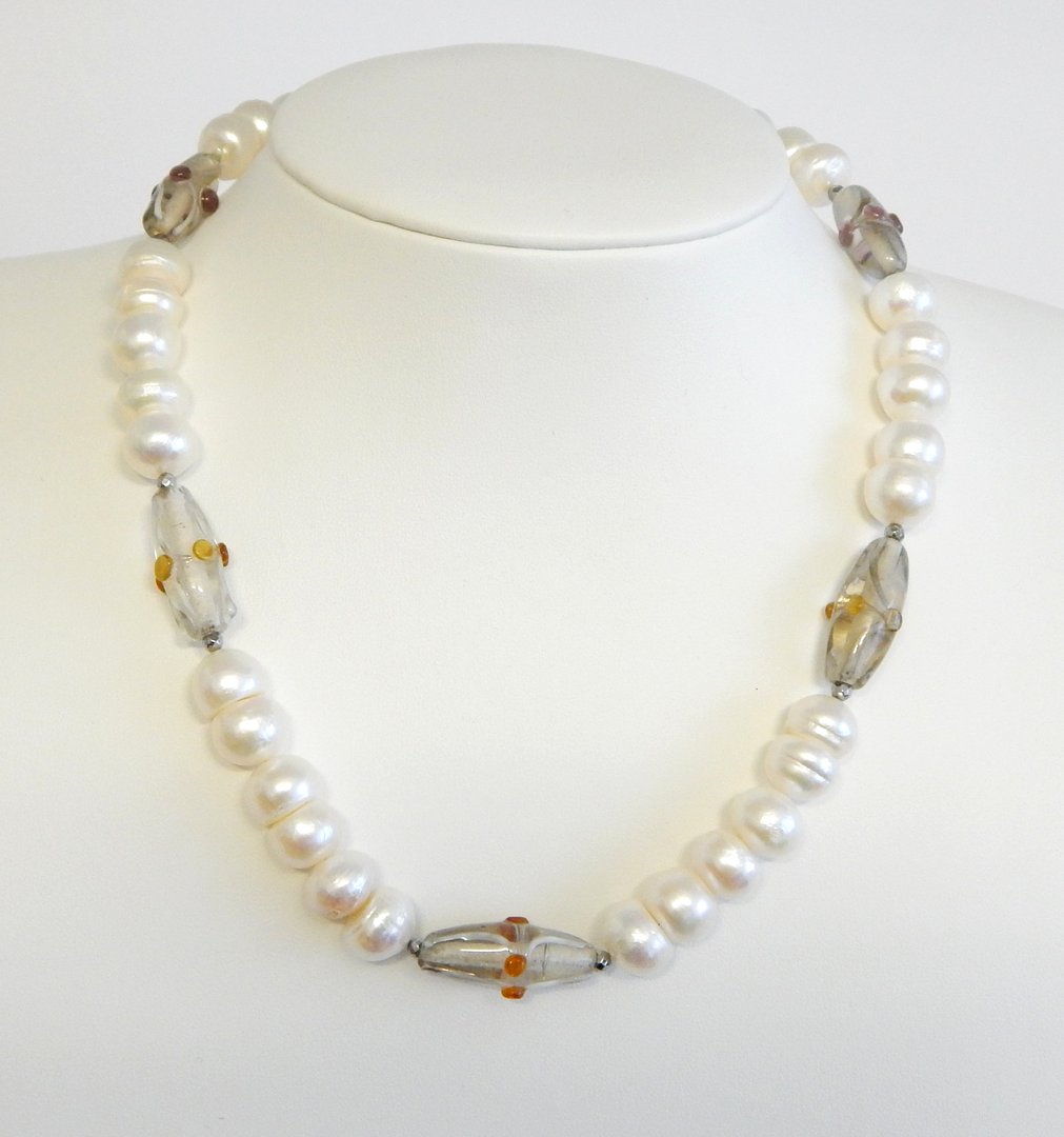 Perlenkette weiß ca. 10/11mm AB mit Glas 