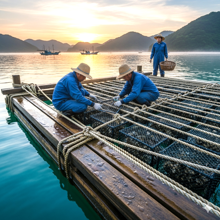 Akoya-Perlenfarm auf den Meer Perlenfarm auf den Meer Perlenzüchter bei der Pflege ihrer Perlmuscheln