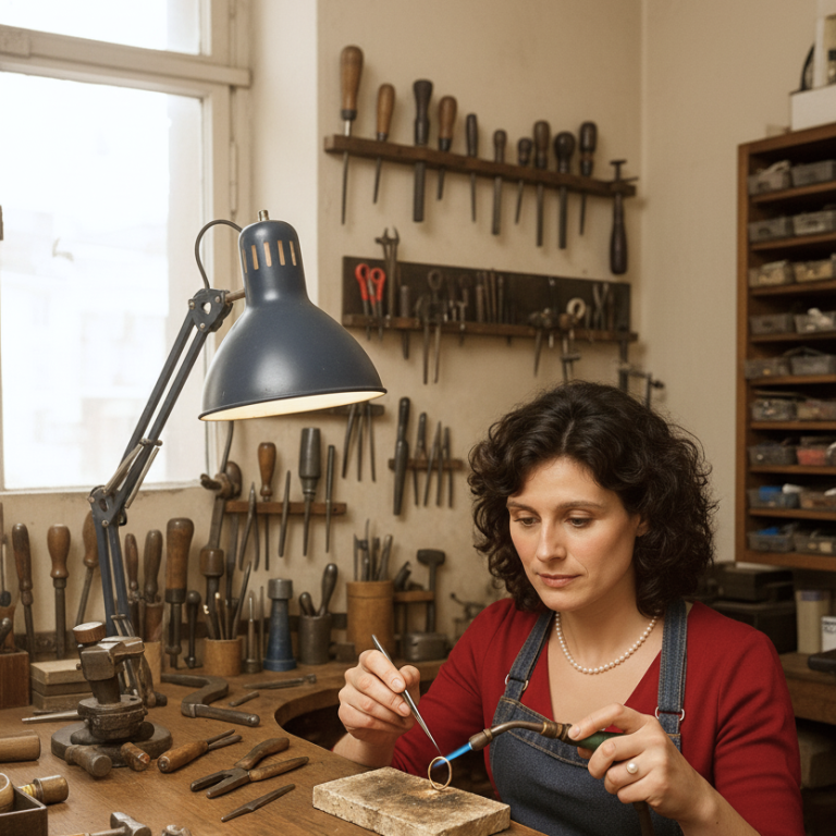 Schmuckwerkstatt Schmuckwerkstatt Goldschmiedin beim Löten eines Goldrings