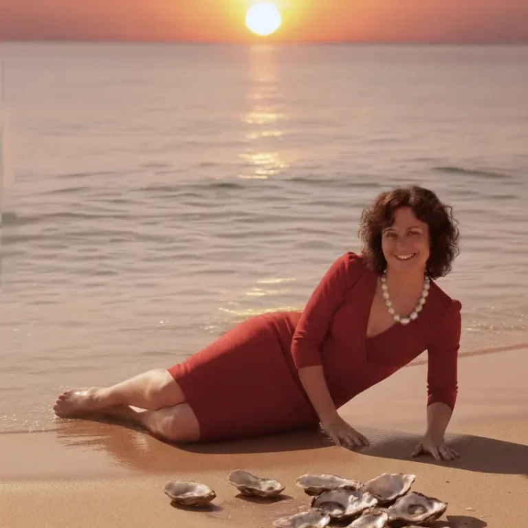 Frau am Strand mit einer Barocken echten Perlenkette Frau mit roten Kleid am Strand mit einer Barocken Perlenkette