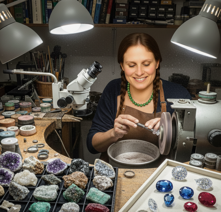 In einer Edelsteinschleiferei werden von einer Mitarbeiterin Rohsteine zu Edelsteinen für Schmuckstücke geschliffen